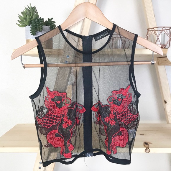 LF Tops - Kiwi Tucker LF Embroidered Mesh Unicorn Crop Top